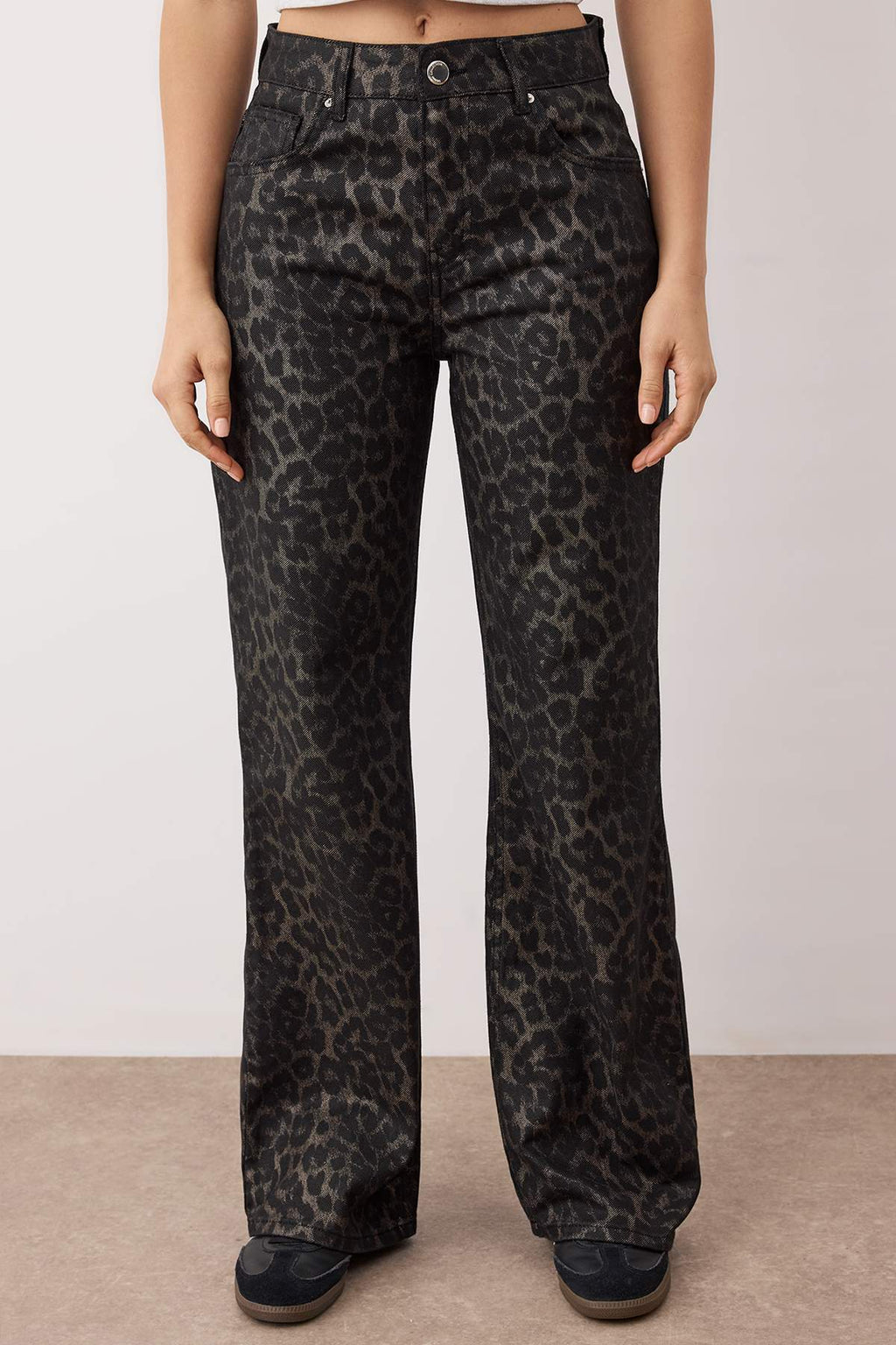 Çok Renkli Leopar Desenli Yüksek Bel Wide Leg Geniş Paça Jeans TWOAW26JE00154