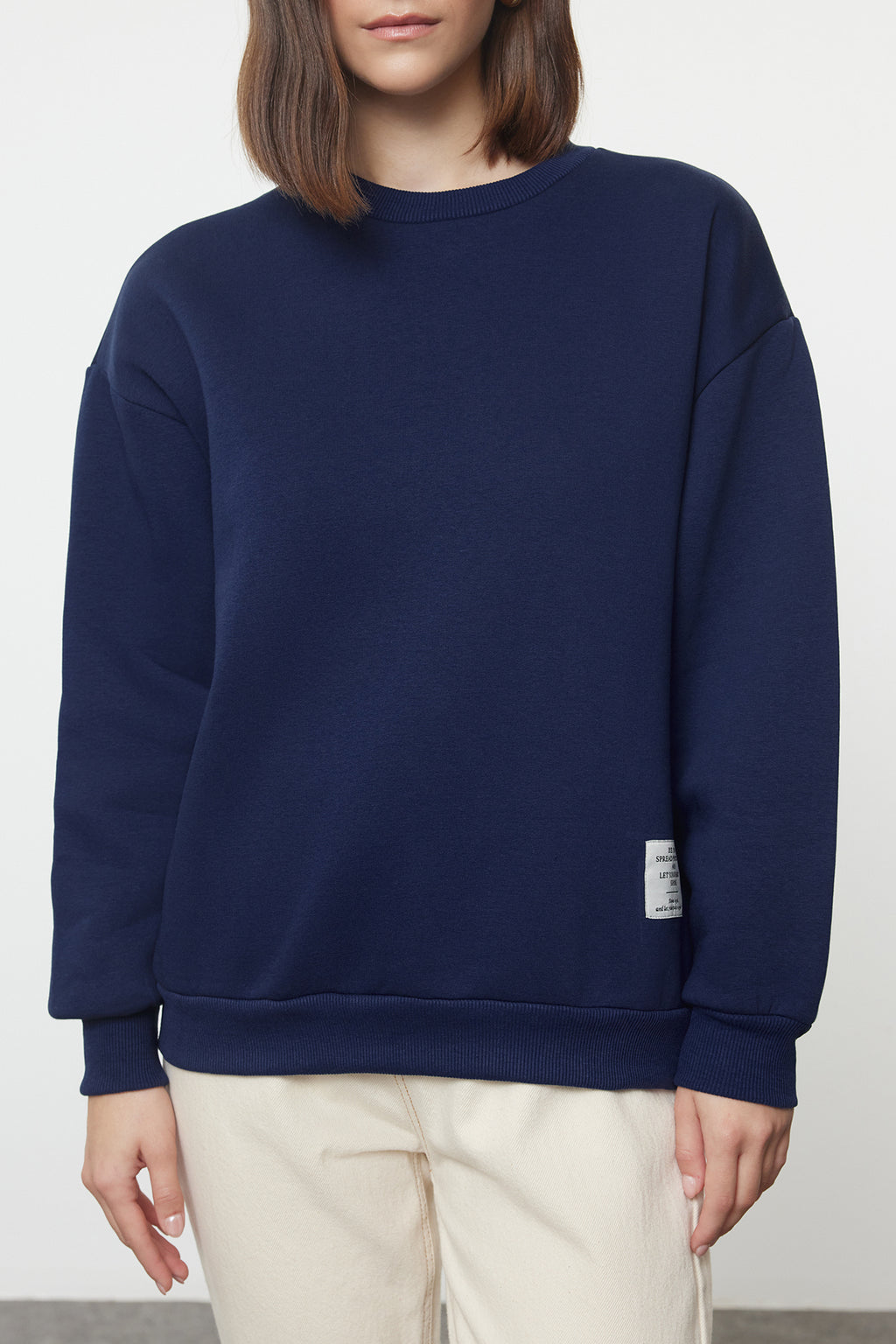 Lacivert Etiket Detaylı Regular Bisiklet Yaka Örme Sweatshirt TWOAW24SW00289