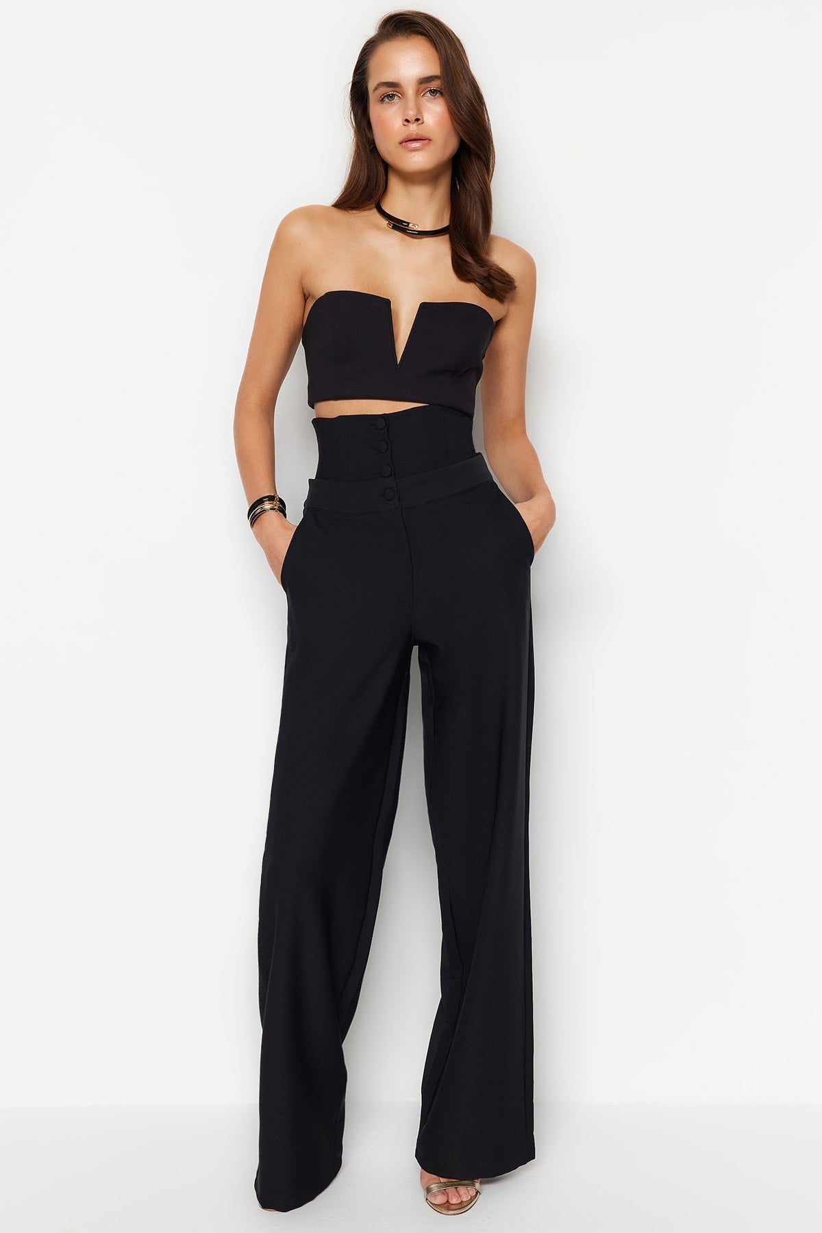 Trendyolmilla Ekru Korse Detaylı Dokuma Pantolon TPRSS23PL00033