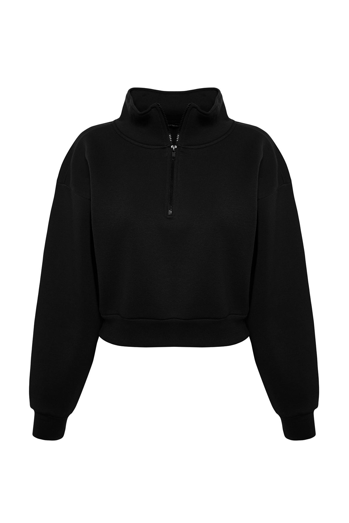 Trendyolmilla Siyah Rahat Kesim Crop Basic Fermuarlı Dik Yaka Kalın İçi Polarlı Örme Sweatshirt TWOAW24SW00221