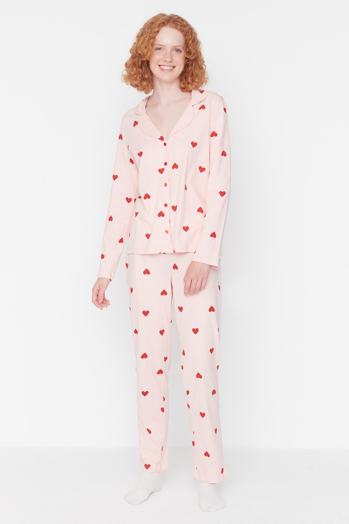 Trendyolmilla Kırmızı %100 Pamuklu Kalpli Örme Pijama Takımı THMAW21PT0548