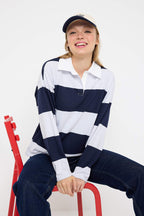 Trendyolmilla Bordo Çizgili Polo Yaka Oversize/Geniş Kalıp Örme Sweatshirt TWOAW26SW00051