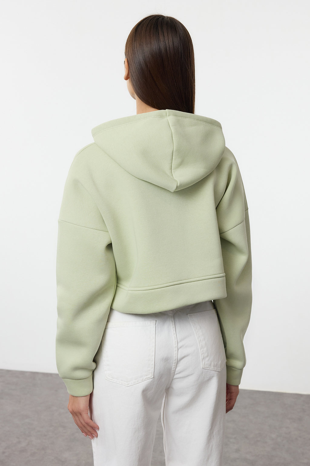Trendyolmilla Açık Sarı Fermuarlı Kapüşonlu Rahat Kesim Crop Kalın İçi Polarlı Örme Sweatshirt TWOAW20SW0660