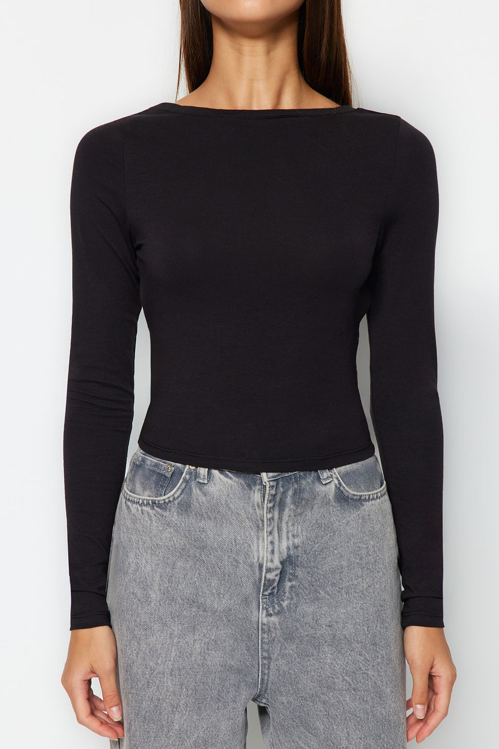 Siyah Derin Sırt Dekolteli Fitted/Vücuda Oturan Pamuklu Esnek Örme Bluz TWOAW24BZ00173