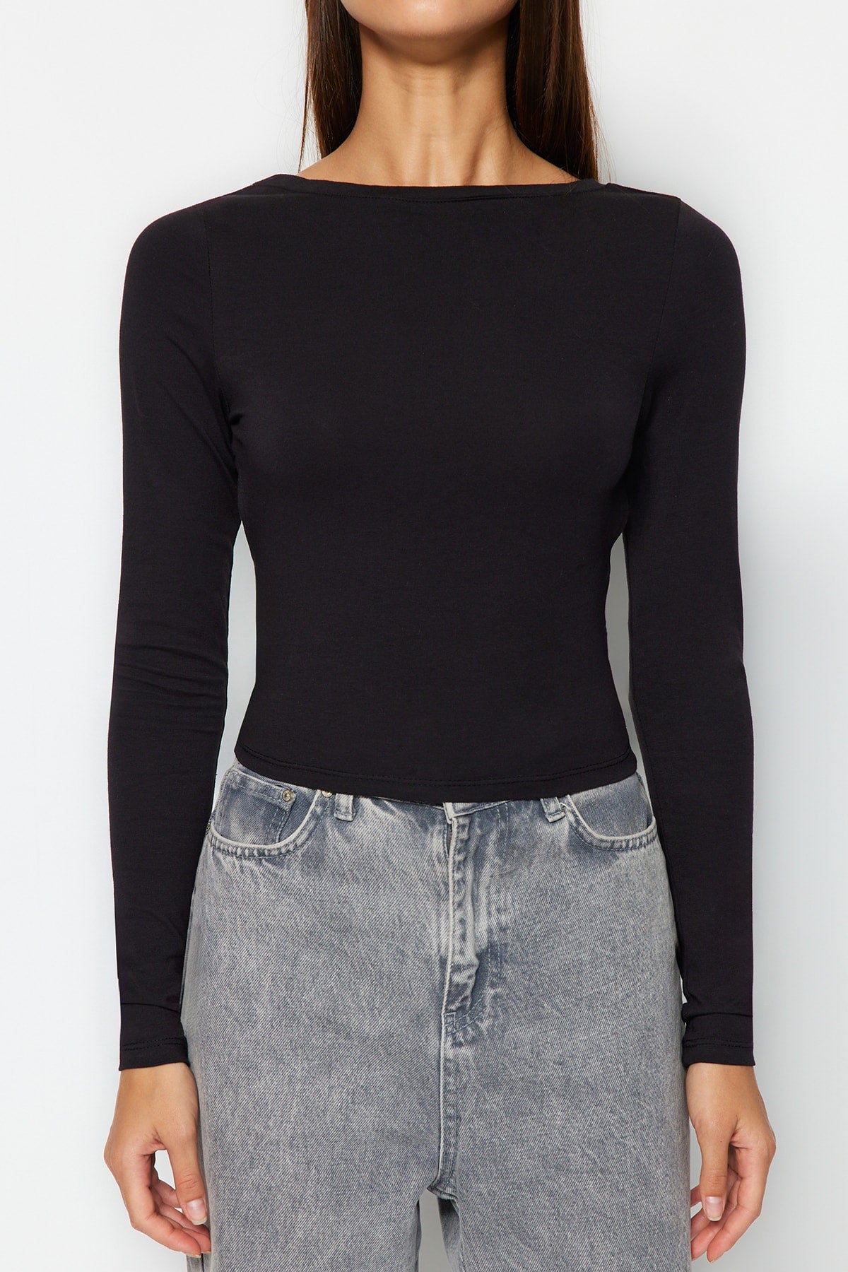 Siyah Derin Sırt Dekolteli Fitted/Vücuda Oturan Pamuklu Esnek Örme Bluz TWOAW24BZ00173