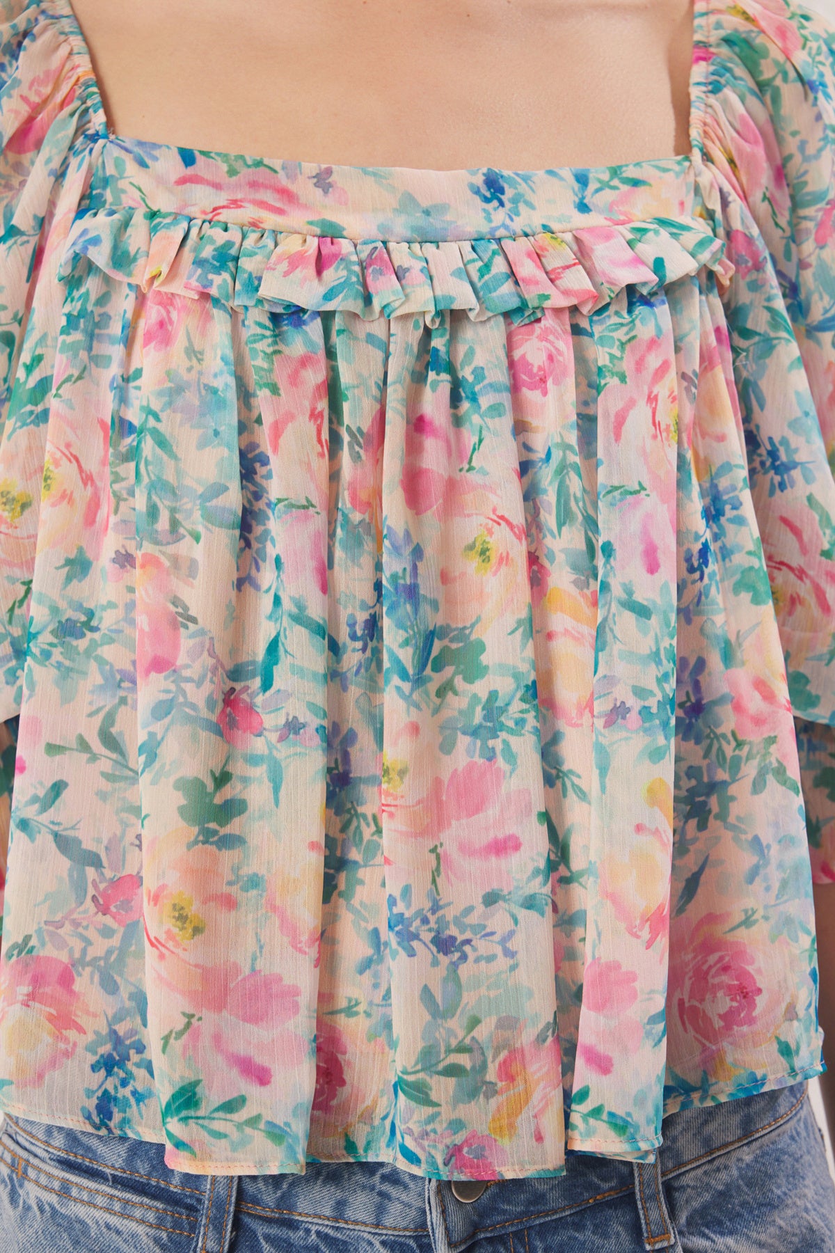 Yeşil Şifon Kare Yaka Balon Kol Dokuma Bluz TWOSS25BZ00351