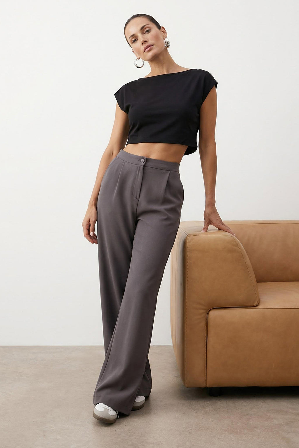 Trendyolmilla Antrasit Wide Leg/Geniş Paça Dokuma Kumaş Pantolon TWOAW22PL0139