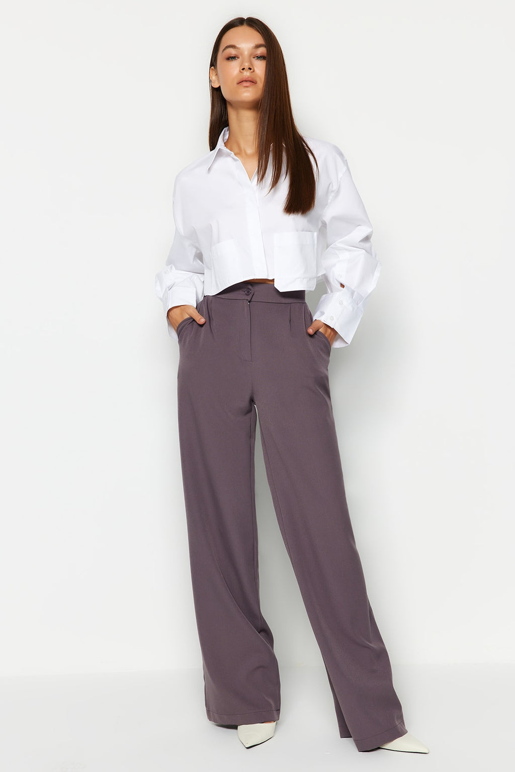Trendyolmilla Antrasit Wide Leg/Geniş Paça Dokuma Kumaş Pantolon TWOAW22PL0139