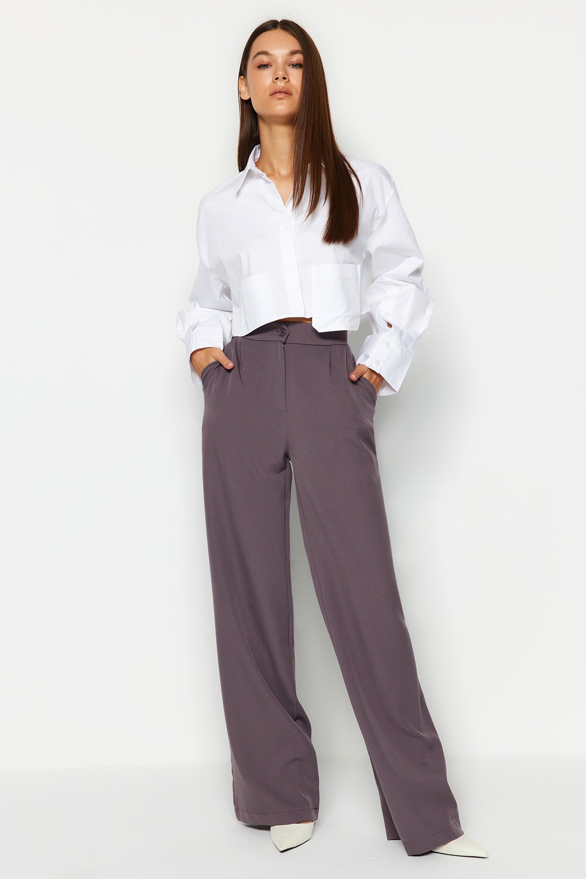 Trendyolmilla Antrasit Wide Leg/Geniş Paça Dokuma Kumaş Pantolon TWOAW22PL0139