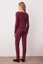 Trendyolmilla Bordo %100 Pamuklu Çiçekli Kurdele/Fiyonklu Fitilli/Pointel Örme Pijama Takımı THMAW26PT00070