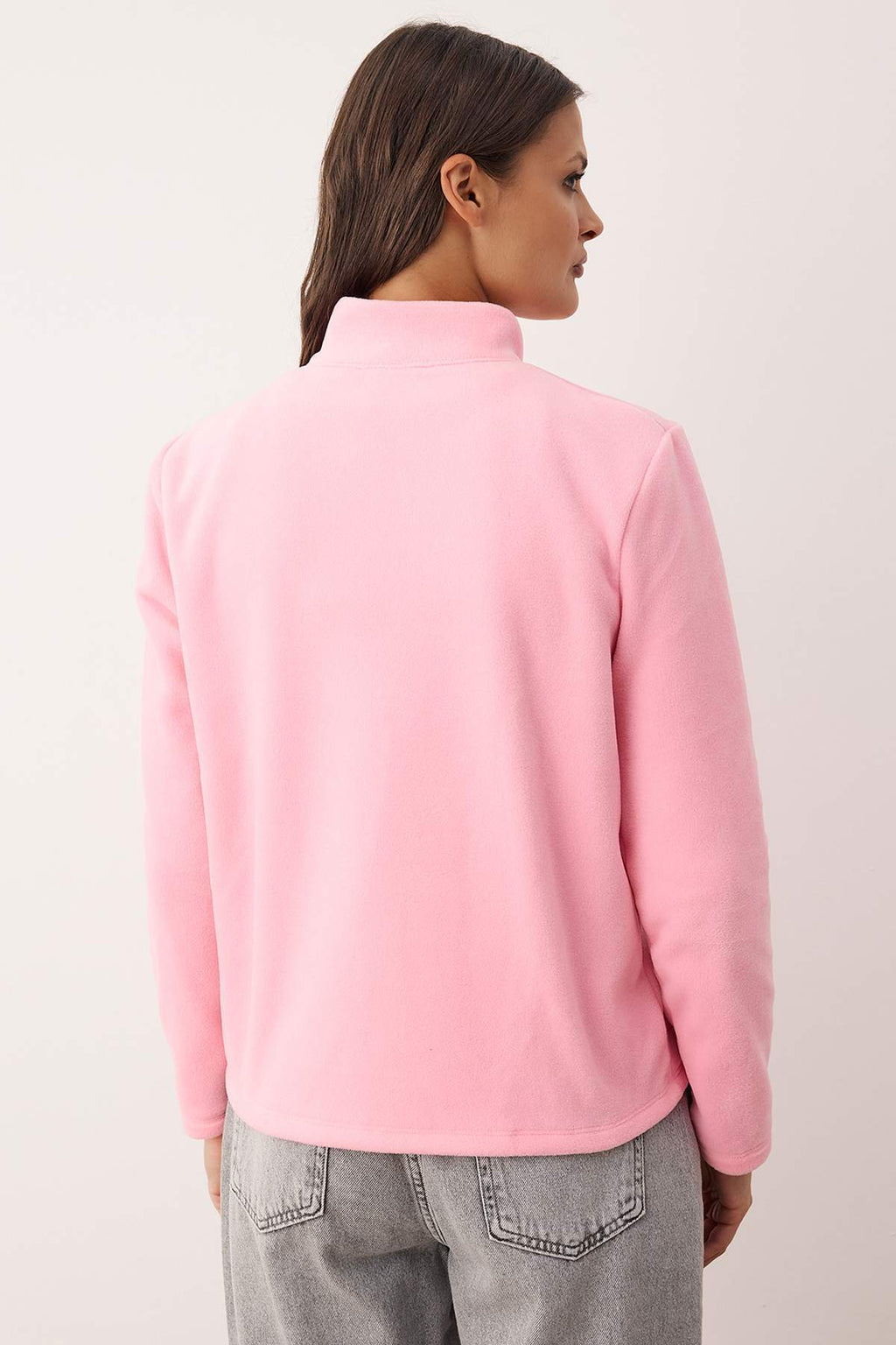Trendyolmilla Pembe Polar Düz Dik Yaka Cepli Fermuarlı Regular/Normal Kesim Örme Sweatshirt TWOAW26SW00005