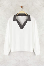 Trendyolmilla Ekru Renk Bloklu Polo Yaka Relaxed/Rahat Kalıp Örme Sweatshirt TWOAW26SW00043