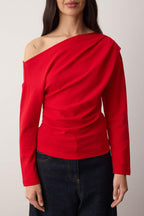 Trendyolmilla Kırmızı Büzgü/Drape Detaylı Dökümlü Asimetrik Yaka Örme Bluz TWOAW26BZ00138