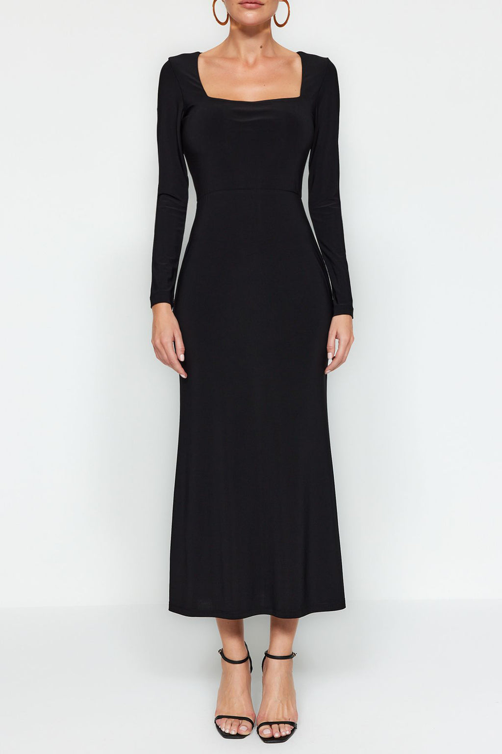 Trendyolmilla Bordo Maxi Volanlı Kare Yaka Fitted/Vücuda Oturan Maxi Esnek Örme Elbise TWOAW24EL00613