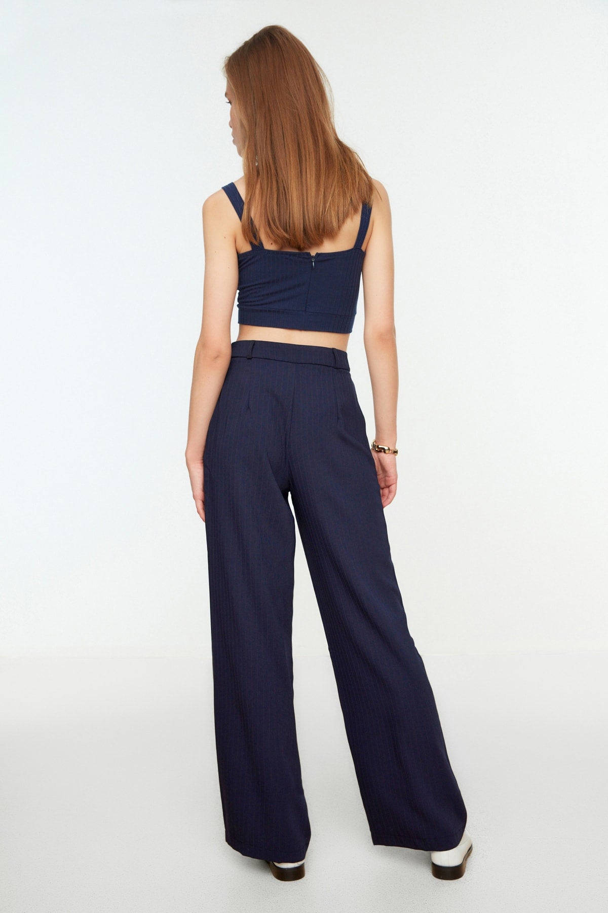 Lacivert Yüksek Bel Wide Leg/Geniş Paça Çizgili Dokuma Pantolon TWOSS22PL0100