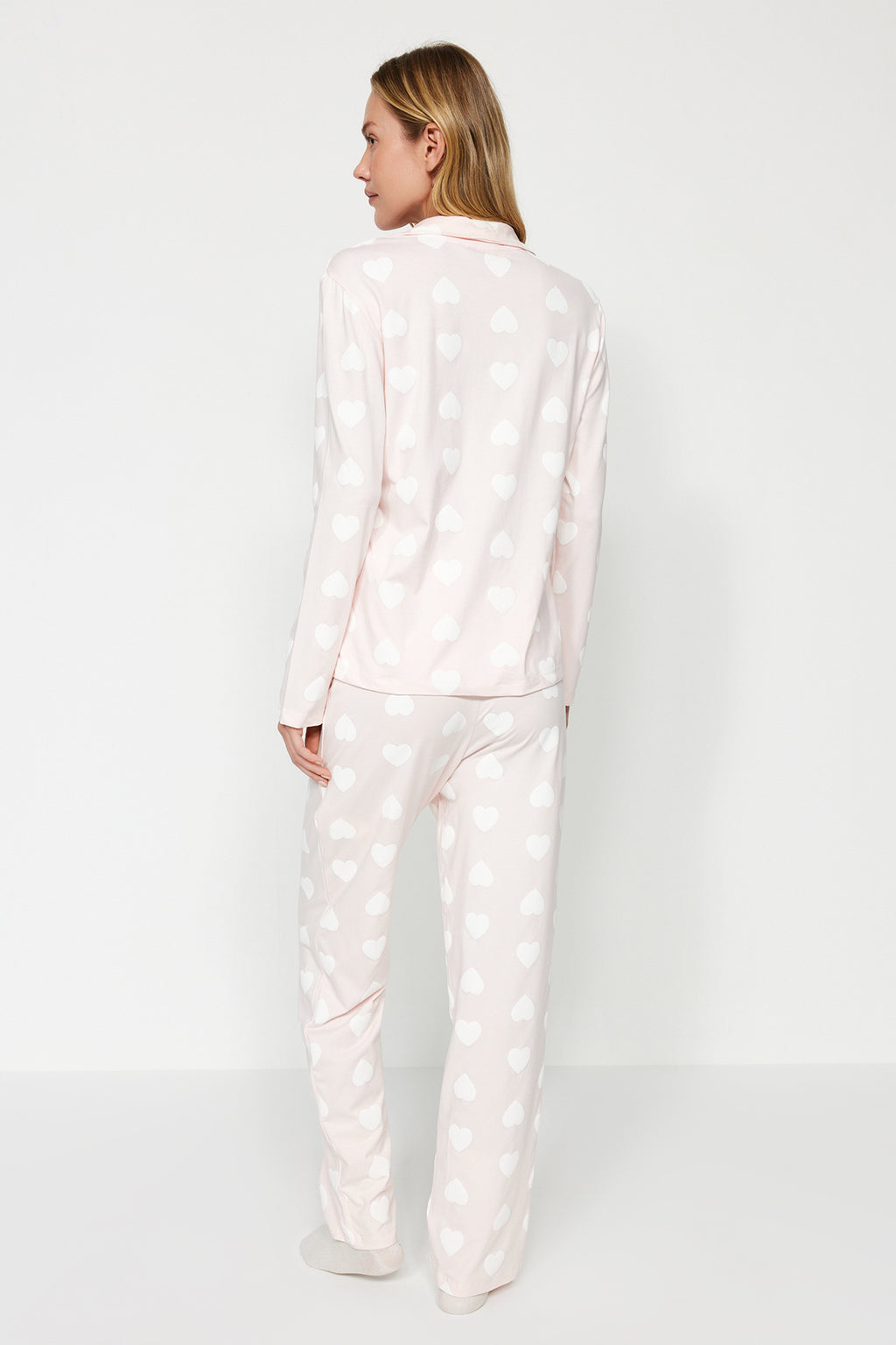 Trendyolmilla Mürdüm %100 Pamuklu Kalpli Gömlek-Pantolon Örme Pijama Takımı THMAW24PT00253