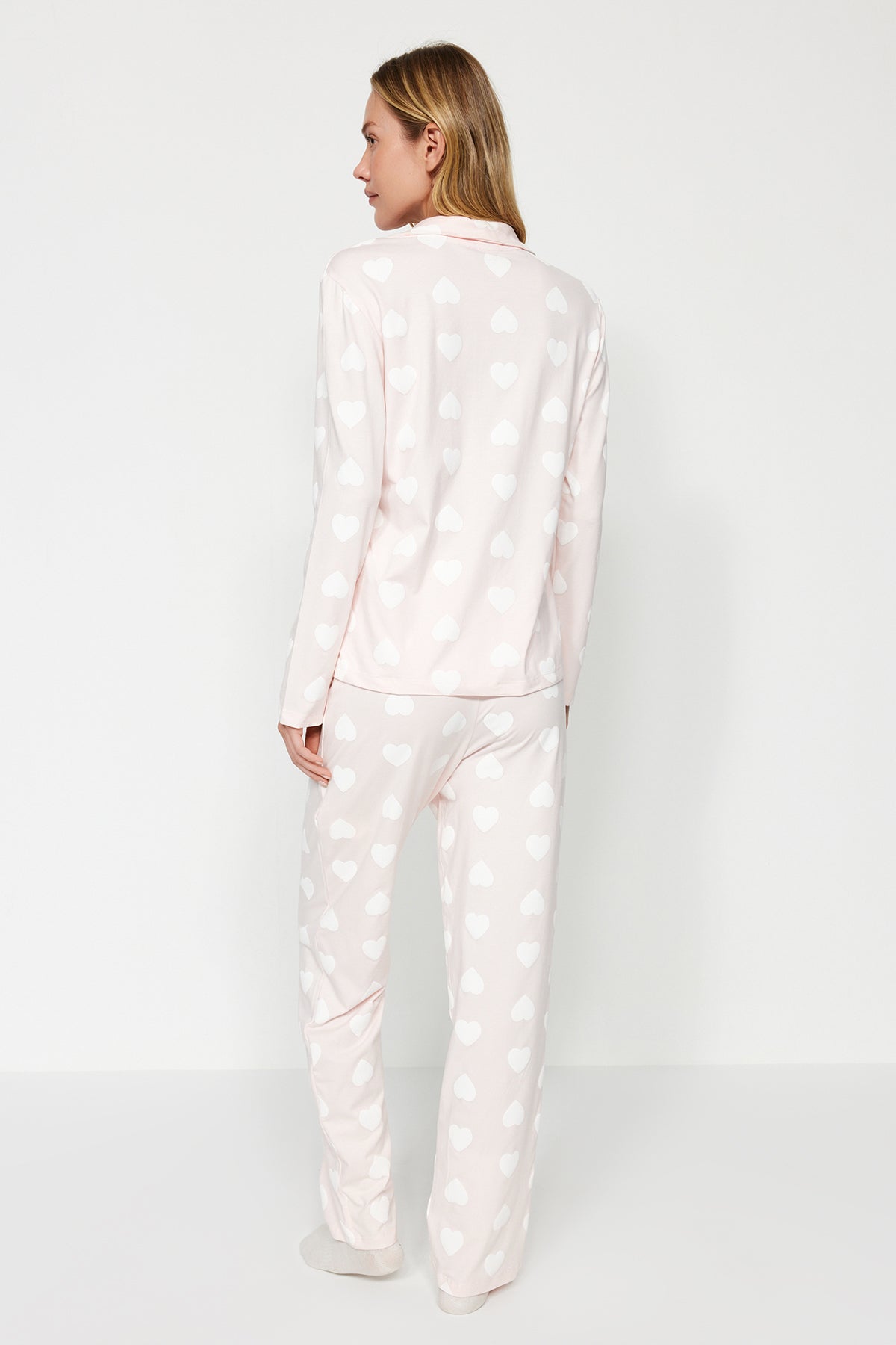 Trendyolmilla Mürdüm %100 Pamuklu Kalpli Gömlek-Pantolon Örme Pijama Takımı THMAW24PT00253