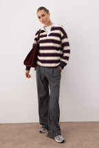 Çok Renkli Çizigli Polo Yaka Oversize/Geniş Kalıp Örme Sweatshirt TWOAW26SW00245