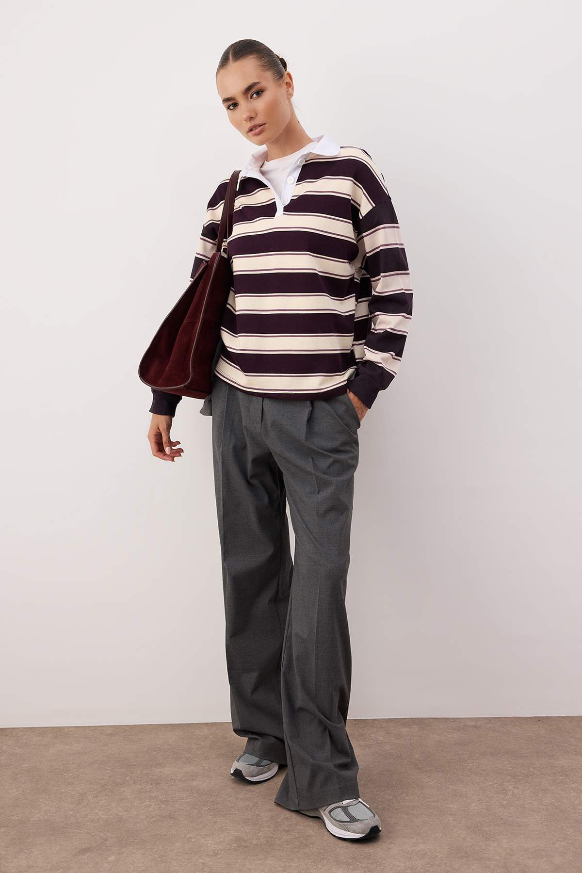 Çok Renkli Çizigli Polo Yaka Oversize/Geniş Kalıp Örme Sweatshirt TWOAW26SW00245