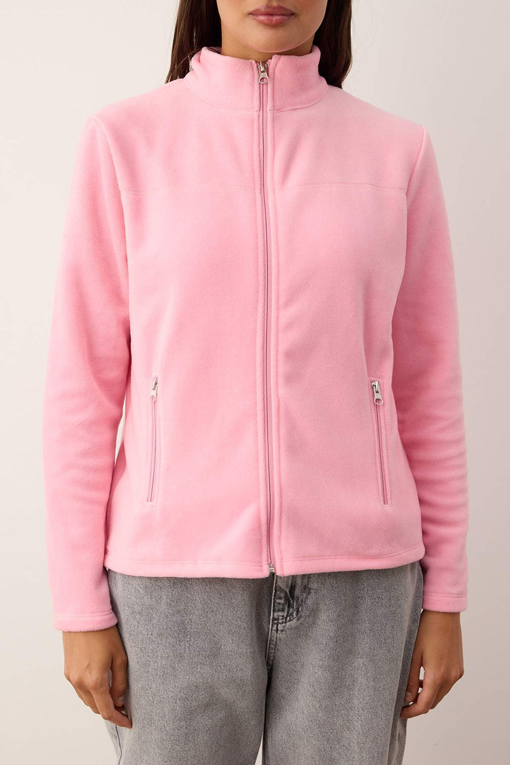 Trendyolmilla Pembe Polar Düz Dik Yaka Cepli Fermuarlı Regular/Normal Kesim Örme Sweatshirt TWOAW26SW00005