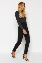 Siyah Toparlayıcı Yüksek Bel Nervürlü Beli Lastikli Slim Fit Kalın Örme Pantolon TWOAW24PL00114
