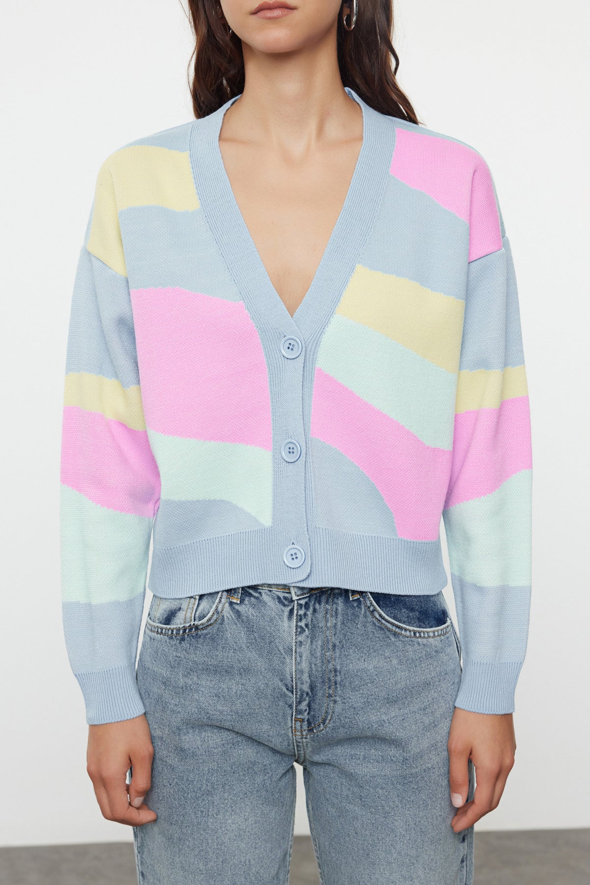 Mavi V Yaka Renk Bloklu Triko Hırka TWOAW25HI00264