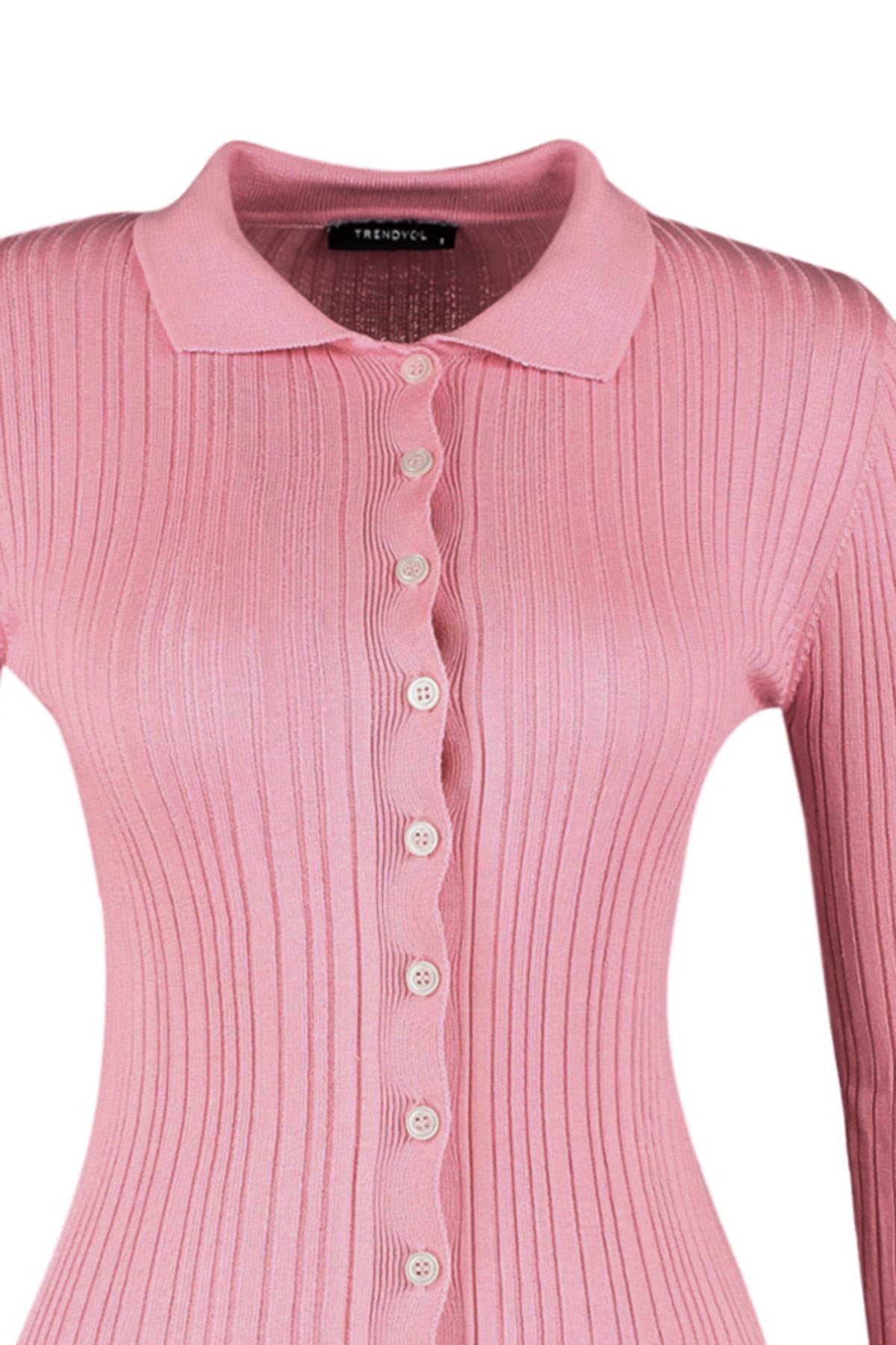 Trendyolmilla Pembe Merserize Görünümlü Fitilli Polo Yaka Triko Hırka TWOAW20HI0070