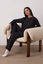 Trendyolmilla Siyah %100 Pamuklu Puantiye ve Kalpli Örme Pijama Takımı THMAW25PT00039
