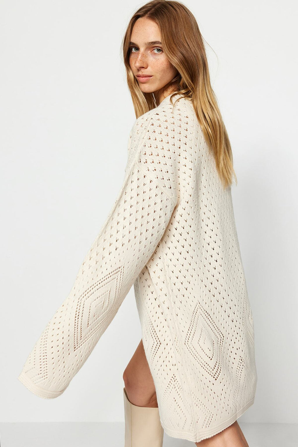 Taş Geniş Kalıp Midi Ajurlu/Delikli Triko Hırka TWOAW24HI00331