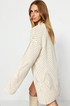 Taş Geniş Kalıp Midi Ajurlu/Delikli Triko Hırka TWOAW24HI00331