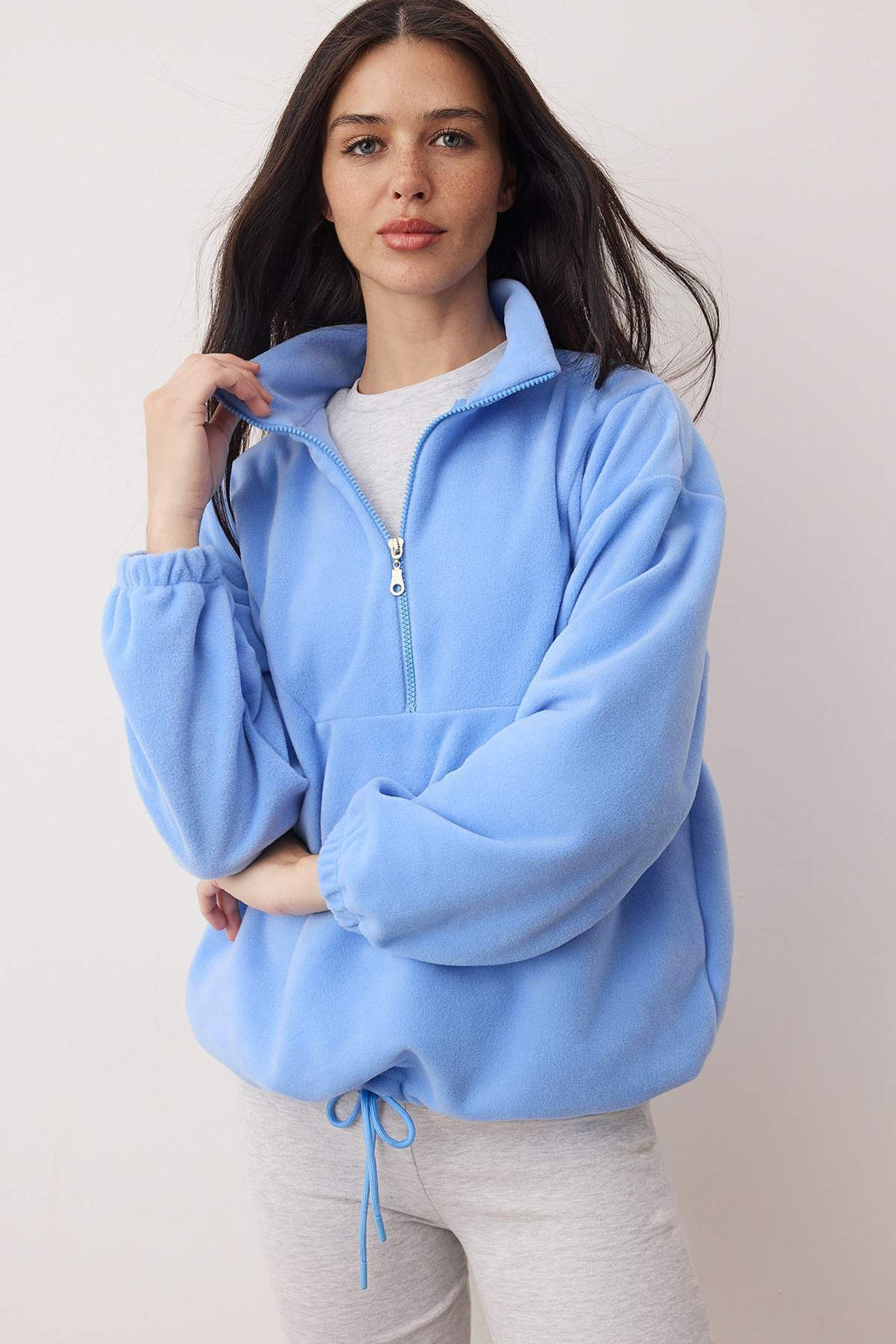 Trendyolmilla Açık Mavi  Fermuarlı Dik Yaka Polar Regular/Normal Kesim Örme Sweatshirt TWOAW21SW0758