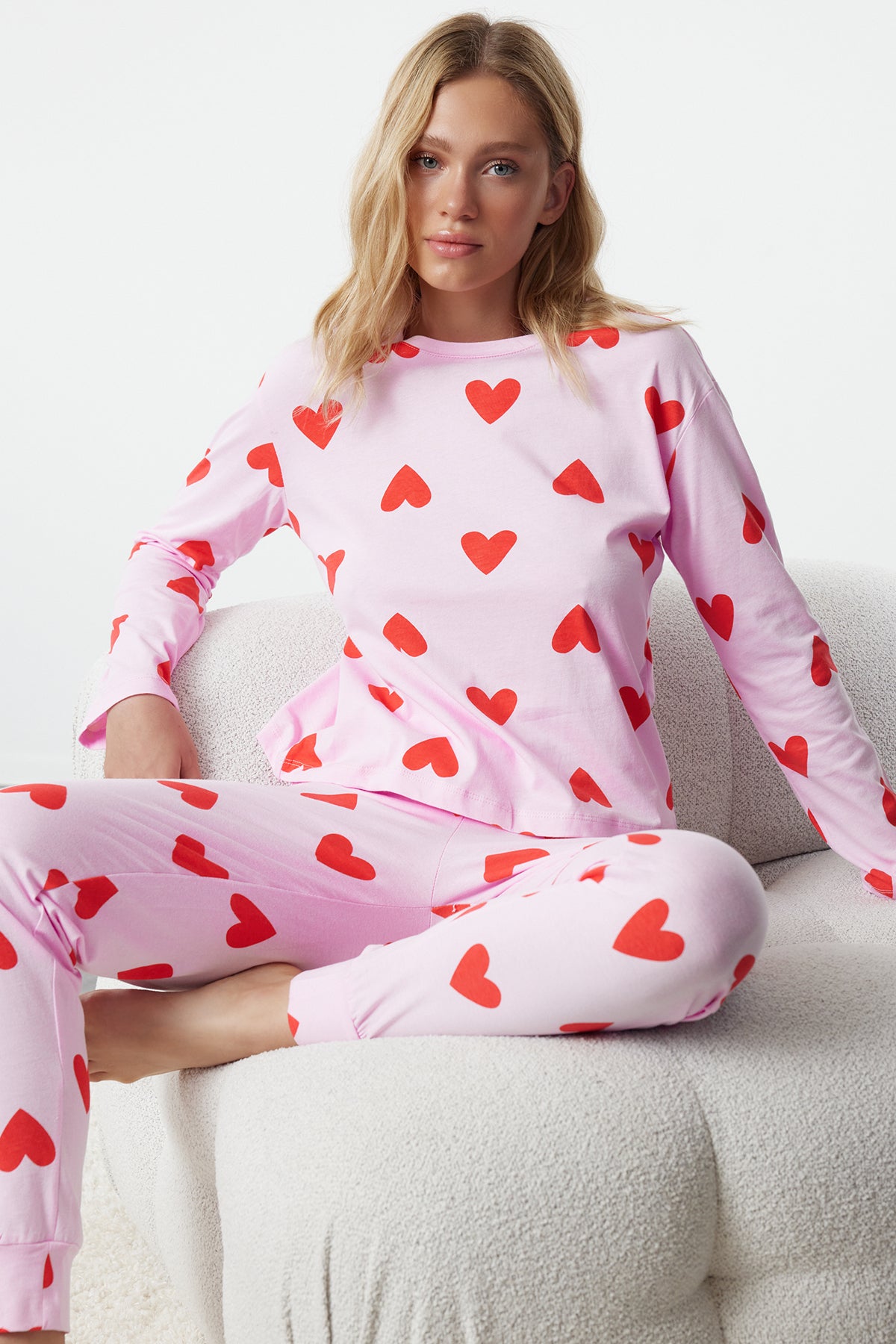 Trendyolmilla Kadın Mini Me/Anne Kız Pembe %100 Pamuklu Kalpli Örme Pijama Takımı THMAW21PT0566