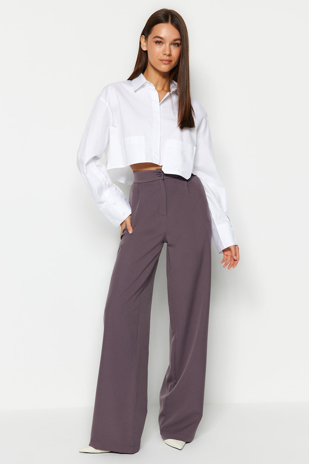 Trendyolmilla Antrasit Wide Leg/Geniş Paça Dokuma Kumaş Pantolon TWOAW22PL0139