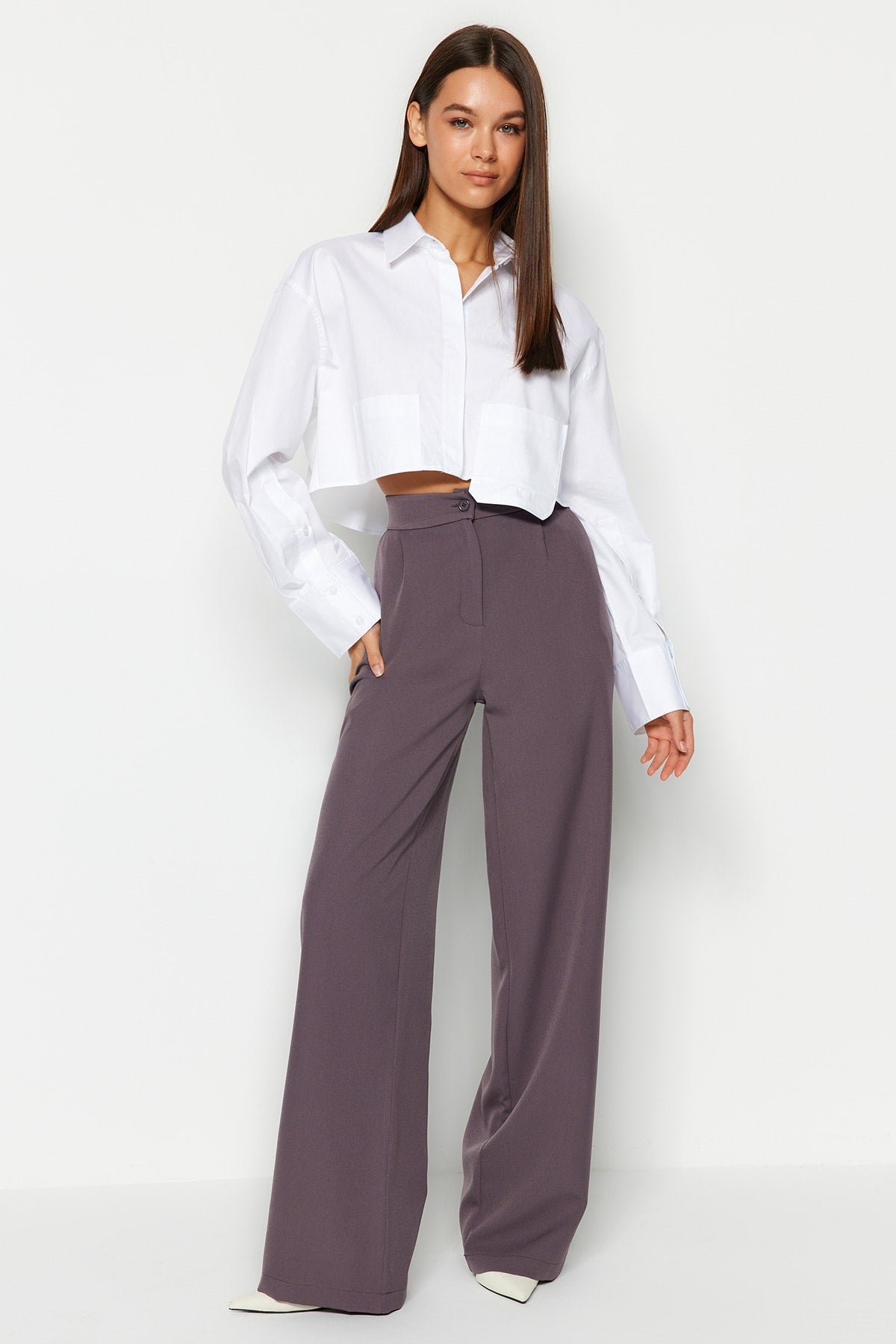 Trendyolmilla Antrasit Wide Leg/Geniş Paça Dokuma Kumaş Pantolon TWOAW22PL0139