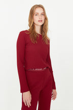 Trendyolmilla Bordo Slogan Lastik Detaylı Fitilli Örme Pijama Takımı THMAW21PT0269