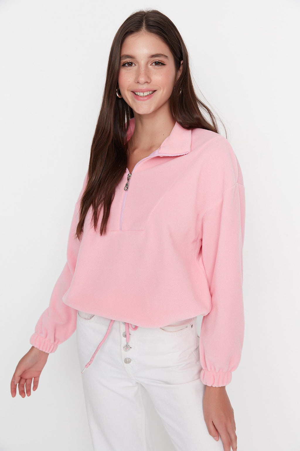 Trendyolmilla Açık Mavi  Fermuarlı Dik Yaka Polar Regular/Normal Kesim Örme Sweatshirt TWOAW21SW0758