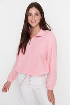 Trendyolmilla Açık Mavi  Fermuarlı Dik Yaka Polar Regular/Normal Kesim Örme Sweatshirt TWOAW21SW0758