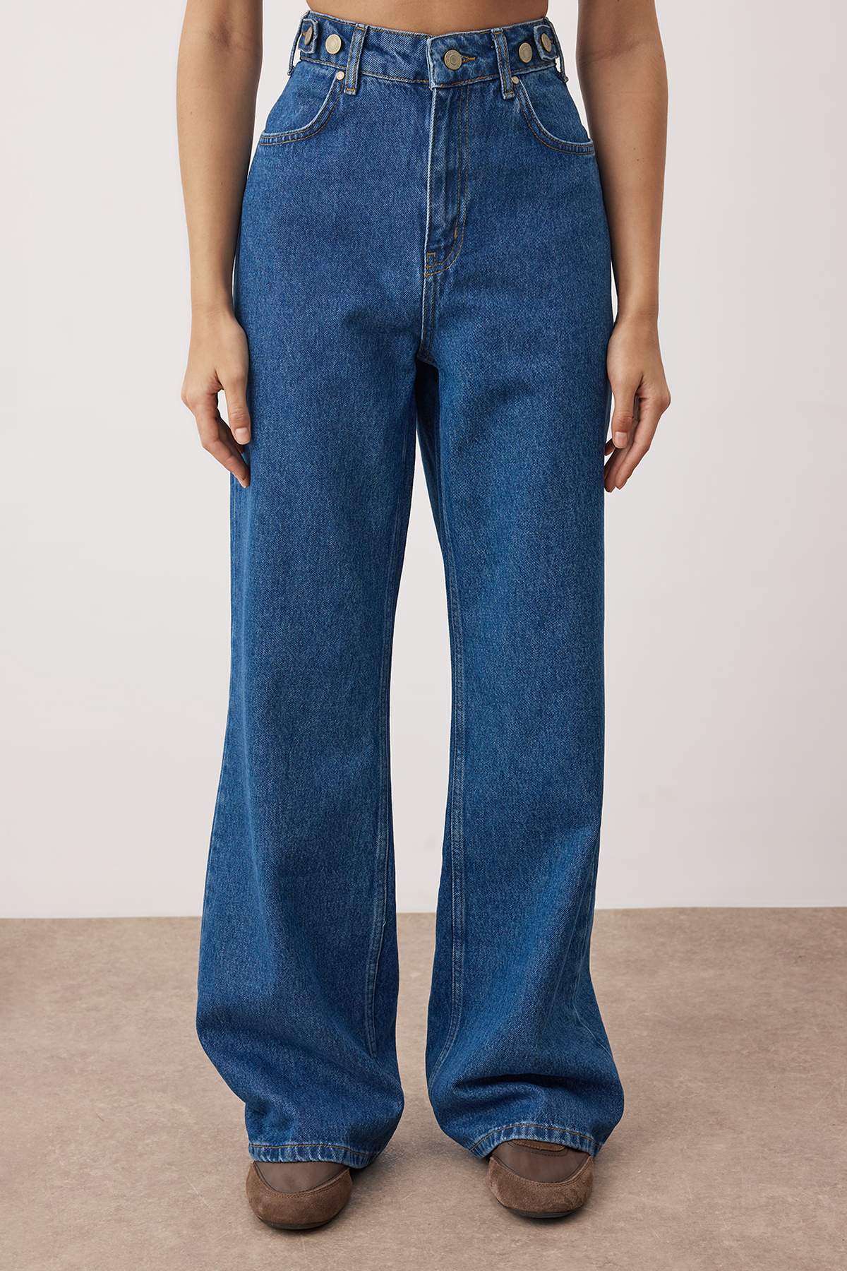 Trendyolmilla Yağ Yeşili Bel Detaylı Yüksek Bel Wide Leg Pantolon TWOAW25JE00039