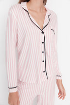 Trendyolmilla Pudra %100 Pamuklu Çizgili Biye Detaylı Örme Pijama Takımı THMAW21PT0614