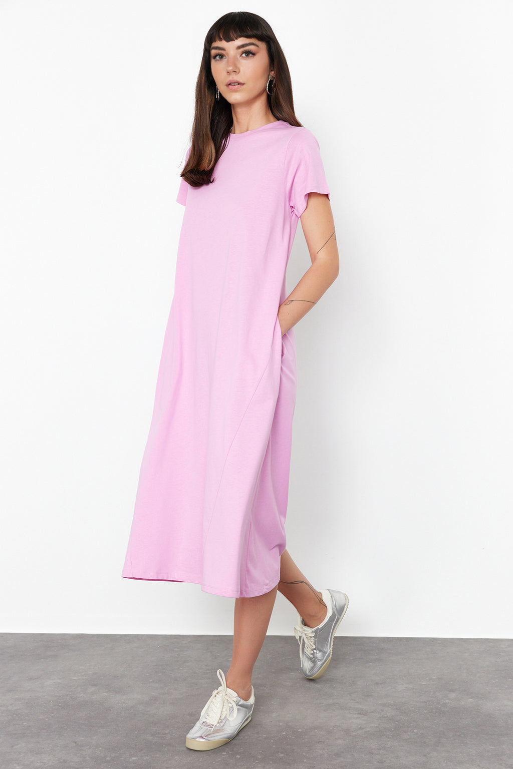 Trendyolmilla Haki Cepli Bisiklet Yaka A-Line Örme Midi Elbise TWOSS24EL00169