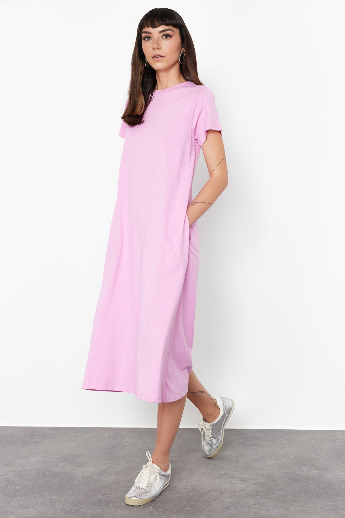 Trendyolmilla Haki Cepli Bisiklet Yaka A-Line Örme Midi Elbise TWOSS24EL00169