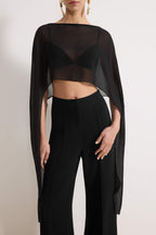 Siyah Asimetrik Kesim Astarsız Şifon Pelerin Party Bluz TPRSS26BZ00055