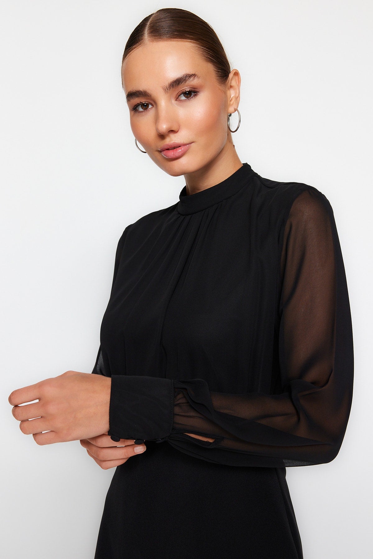 Trendyolmilla Haki A Kesim Dik Yaka Astarlı Şifon Mini Dokuma Elbise TWOAW24EL00296