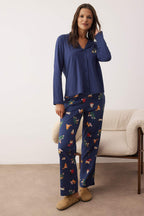 Kadın Couple/Çift Lacivert %100 Pamuklu Yılbaşı Temalı Gömlek Yaka Örme Pijama Takımı THMAW26PT00172
