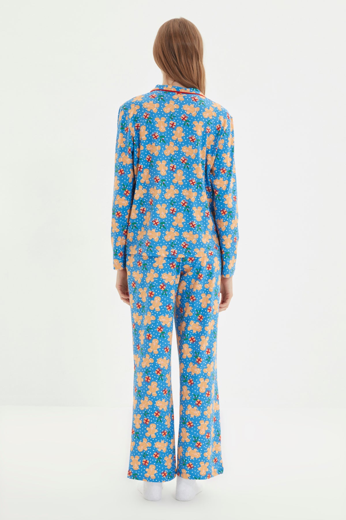 Trendyolmilla Mavi %100 Pamuklu Yılbaşı Temalı Örme Pijama Takımı THMAW22PT1204
