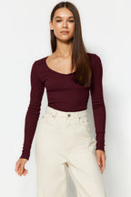 Trendyolmilla Bordo-Taş 2'li Paket V Yaka Fitted/Vücuda Oturan Pamuklu Esnek Örme Bluz TWOAW24BZ00068