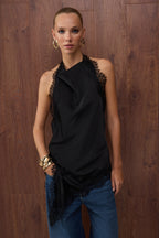 Özel Koleksiyon Siyah Degaje Yaka Asimetrik Kesim Saten Party Bluz TPRAW26BZ00044