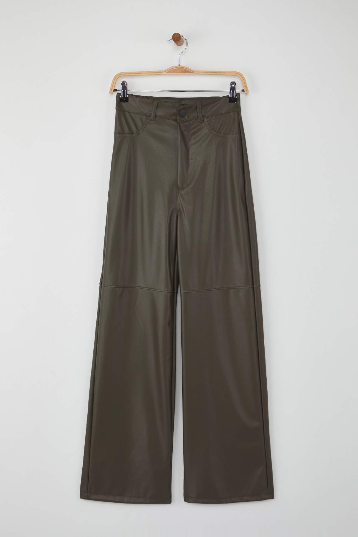 Trendyolmilla Kahverengi Relaxed/Rahat Straight/Boru Paça Dikiş Detaylı Örme Deri Pantolon TWOAW25PL00068