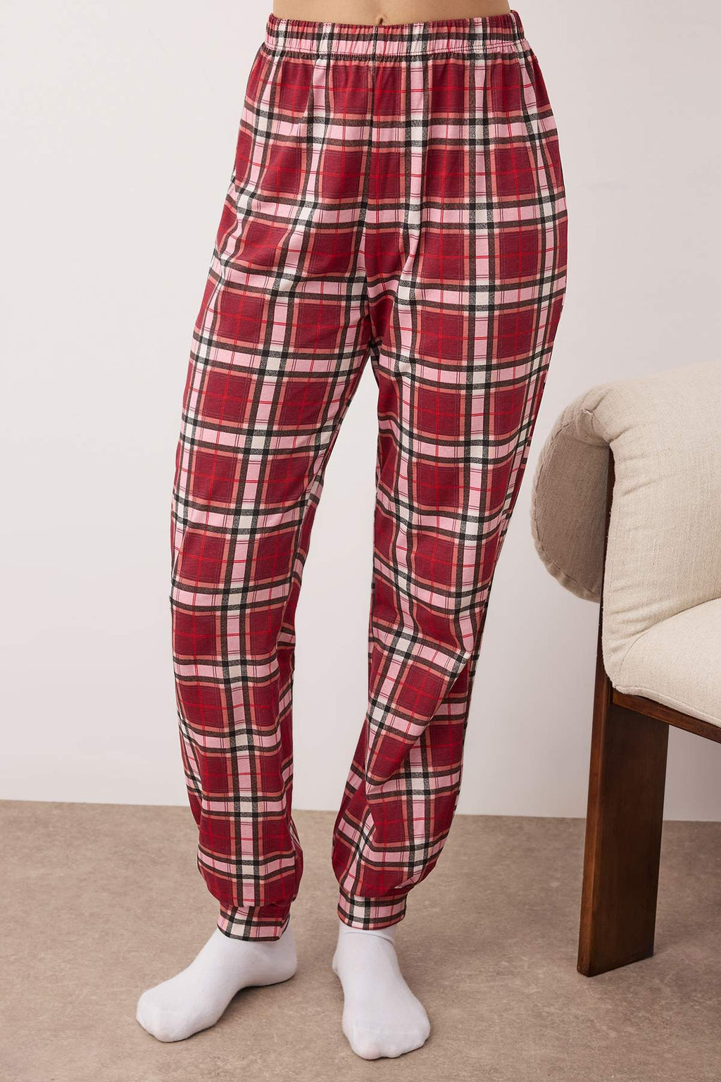Kadın Couple/Çift Bordo %100 Pamuklu Yılbaşı Temalı Ekoseli Örme Pijama Takımı THMAW26PT00170