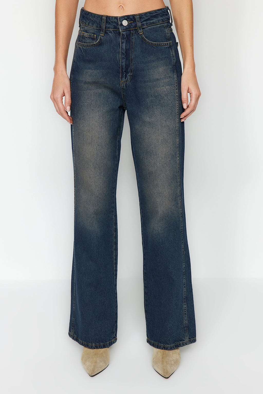 Koyu Mavi Yüksek Bel Geniş Paça Wide Leg Jeans %100 Pamuk Non-Stretch TWOAW24JE00313